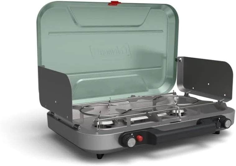 3-in-1 portable outdoor camping stove with cast-iron grill and griddle accessories.