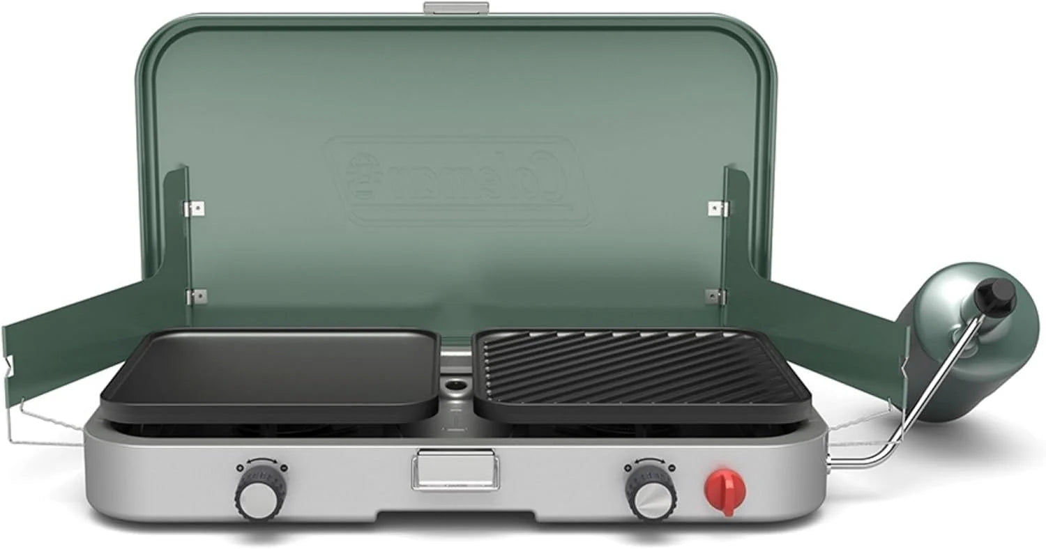 3-in-1 portable outdoor camping stove with cast-iron grill and griddle accessories.