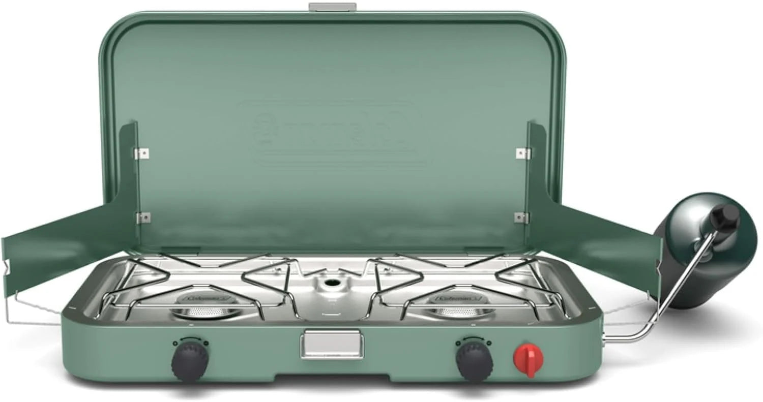 3-in-1 portable outdoor camping stove with cast-iron grill and griddle accessories.