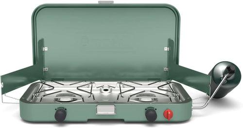 3-in-1 portable outdoor camping stove with cast-iron grill and griddle accessories.