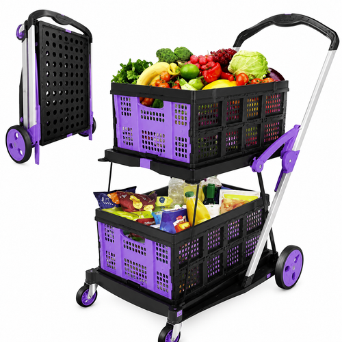 2-Tier Foldable Utility Cart with Collapsible Crates